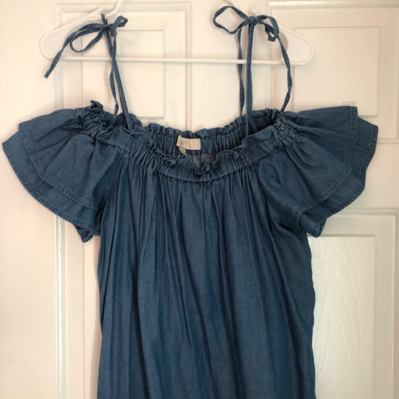 Ann Taylor Loft spring summer top off the shoulder blue chambray denim blouse XS - Picture 4 of 11